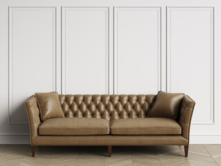 Classic tufted sofa  in classic interior with copy space.White walls with mouldings. Floor parquet herringbone.Digital Illustration.3d rendering