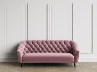 Classic tufted sofa  in classic interior with copy space.White walls with mouldings. Floor parquet herringbone.Digital Illustration.3d rendering
