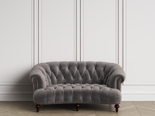 Classic tufted sofa  in classic interior with copy space.White walls with mouldings. Floor parquet herringbone.Digital Illustration.3d rendering