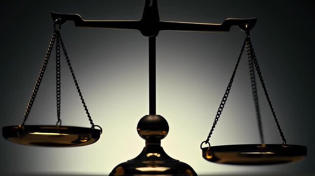 Sleek, dark gold scales of justice centered, dark background, shining softly