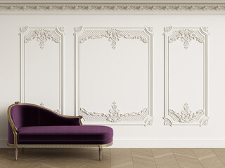 Classic chaise longue in classic interior with copy space.White walls with mouldings and ornated cornice. Floor parquet herringbone.Digital Illustration.3d rendering