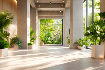 Urban loft space with concrete pillars and expansive windows stylish industrial aesthetic