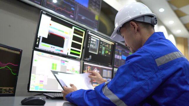 Engineer working in industrial control room with multiple computers and monitors, focusing on programming, automation, data analysis, computer engineering, technology system, and industrial process ma