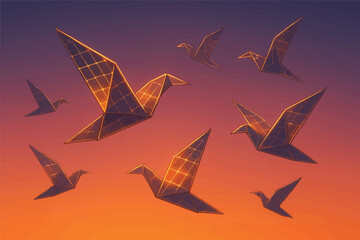 Origami solar panel birds flying at sunset—renewable energy freedom concept