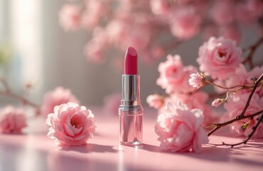Elegant pink lipstick sits in soft pink floral blooms. Luxurious cosmetic accessory styled with delicate, feminine appeal. Natural light enhances spring romance, chic, minimalistic beauty aesthetic.