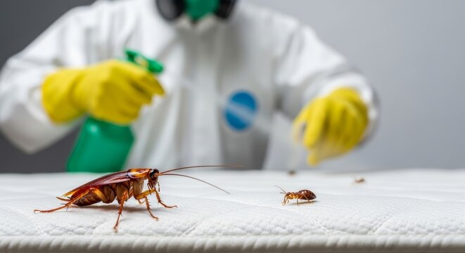 Professional exterminator using spray to eliminate cockroaches