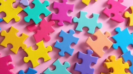 High definition photo of colorful pieces puzzles background world autism awareness day concept top view.