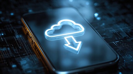 Futuristic smartphone with glowing cloud download icon over circuit board