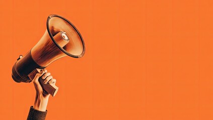 Hand holding megaphone against orange background