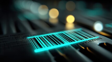 A close-up of a glowing barcode on a textured surface, surrounded by soft, blurred lights, highlighting the importance of product identification.