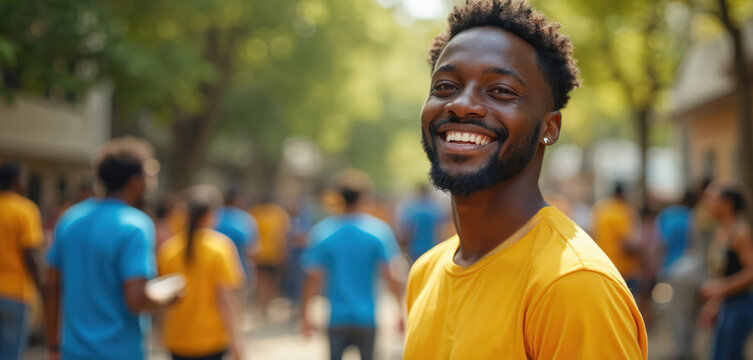 Smiling African American man participates in outdoor community event. Volunteers work together in park setting. Focus on positive teamwork, social connection, summer fun, civic engagement activities.
