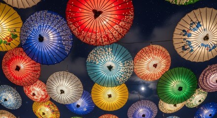Naklejka premium Colorful Traditional Paper Lanterns Hanging at Night