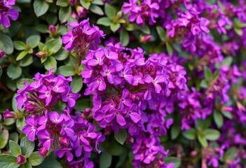 Fototapeta premium Vibrant purple Malva sylvestris blooms densely cover a shrub, beauty, color