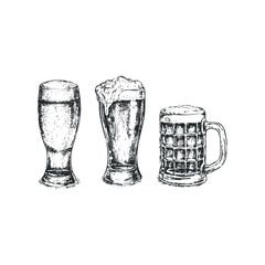 Three sketched glasses filled with beer and frothy foam