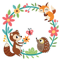 Cute Woodland Animals with Flowers and Butterfly Cartoon Illustration