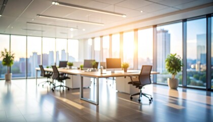 Beautiful blurred background of a light modern office interior with panoramic windows and beautiful lighting.