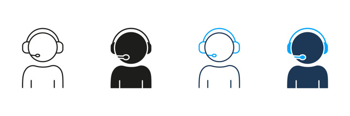 Call Center Operator With Headset Line And Solid Icon Set. Customer Support, Communication, Telecommunication Symbol Collection. Help Desk And Technical Assistance. Isolated Vector Illustration