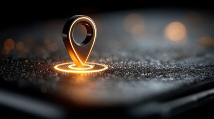 A sleek location pin glows on a wet surface, symbolizing navigation and mapping technology in a modern, digital environment.