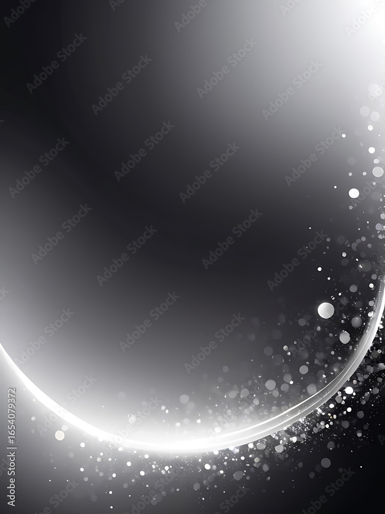 Wall mural elegant monochrome abstract background with a glowing silver arc and sparkling particles.