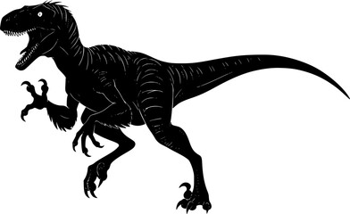 Obraz premium black silhouette of a raptor, dinosaur, claws, long tail, open mouth, hunting pose, on white background