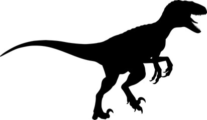 black silhouette of a raptor, dinosaur, claws, long tail, open mouth, hunting pose, on white background