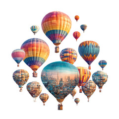 Fototapeta premium Group of colorful hot air balloons against a dark background. Cityscape details