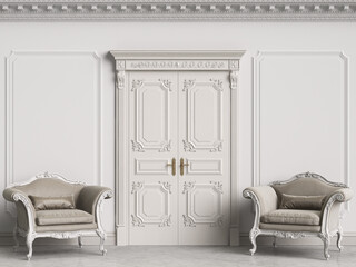 Classic baroque armchairs in classic interior. Walls with moldings and decorated cornice.Door with decor.Marble floor.Digital illustration.3d rendering
