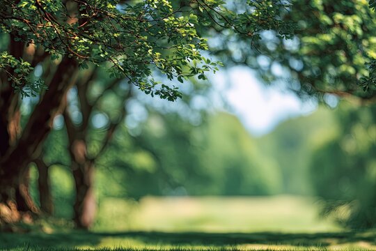 Blurred park scene with trees and grass
