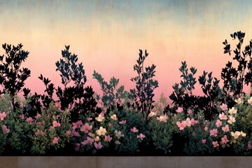 Silhouetted garden at sunset.  Soft colors, muted