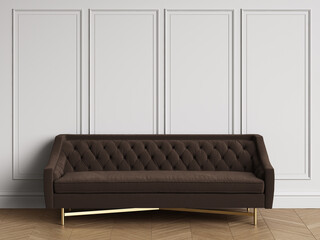 Classic sofa  in classic interior with copy space.White walls with mouldings. Floor parquet herringbone.Digital Illustration.3d rendering