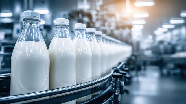 Milk Bottles On Conveyor Belt In Modern Dairy Processing Plant