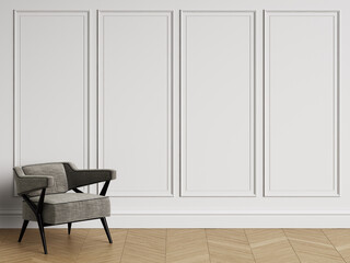 Chair in classic interior with copy space.White walls with mouldings. Floor parquet herringbone.Digital Illustration.3d rendering