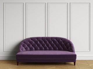 Classic sofa  in classic interior with copy space.White walls with mouldings. Floor parquet herringbone.Digital Illustration.3d rendering