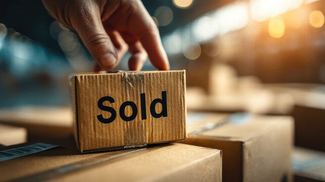 A hand reaches for a cardboard box labeled "Sold," amidst a backdrop of stacked boxes and warm lighting, suggesting e-commerce or retail activity.