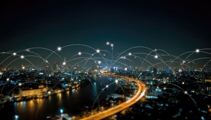 Cityscape at night with network connections