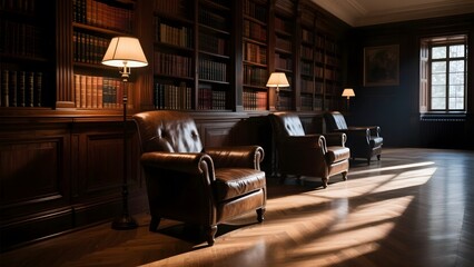 Elegant Library with Leather Armchairs and Bookshelves
