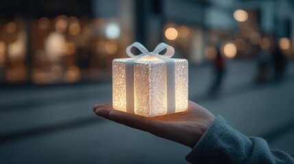 A glowing gift box held in a hand, set against a softly lit urban background, evoking feelings of warmth and celebration.