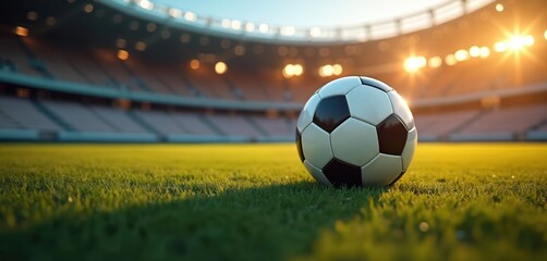 Soccer ball rests on green grass in stadium under bright lights. Close-up shot of sports equipment on field ready for game. Evening match anticipation. Dynamic sports graphic.