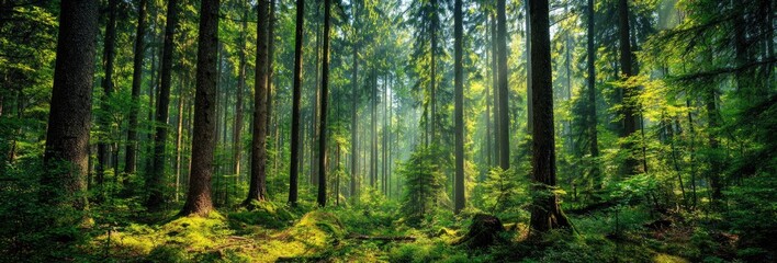 Obraz premium Lush green forest bathed in sunlight (1)