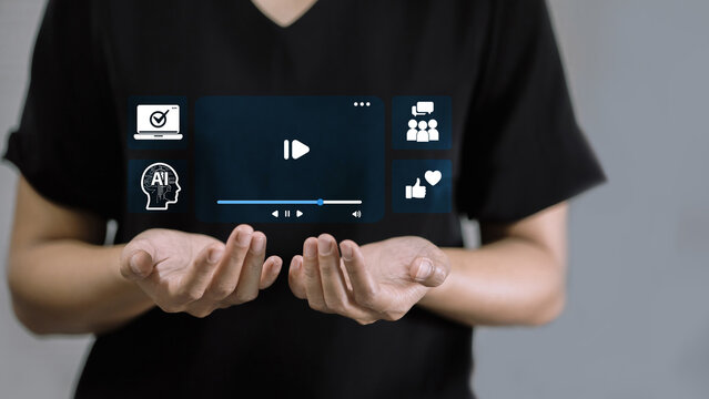 Digital media interface with AI, video content and social engagement icons
