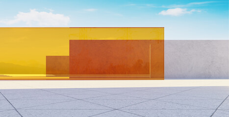3d rendering modern architecture exhibiting orange and yellow glass panels under blue sky