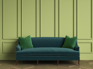 Emerald green sofa with green pillows in classic interior with copy space.Green walls with mouldings. Floor parquet herringbone.Digital Illustration.3d rendering