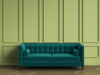 Tufted blue  armchair in classic interior with copy space.Green walls with mouldings. Floor parquet herringbone.Digital Illustration.3d rendering