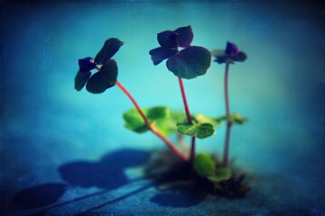 Close-up of three small, dark purple flowers on vibrant teal background