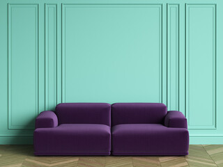 Violet sofa in classic interior with copy space.Turquoise color walls with mouldings. Floor parquet herringbone.Digital Illustration.3d rendering
