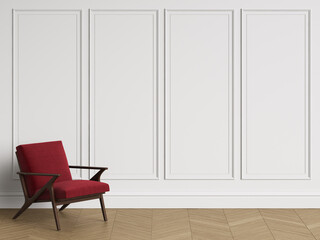 Chair in classic interior with copy space.White walls with mouldings. Floor parquet herringbone.Digital Illustration.3d rendering