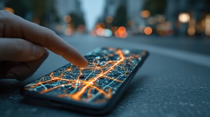 A hand interacts with a smartphone displaying a vibrant map, showcasing illuminated pathways against a blurred urban background.