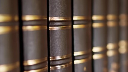 Close-up of dark-brown leather-bound books with gold bands, stacked tightly together - Powered by Adobe