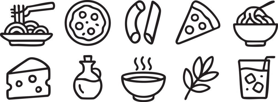 A collection of ten simple line art icons representing various Italian food items and a drink.