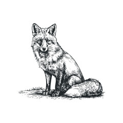 Obraz premium Detailed black and white line drawing of a fox sitting attentively on grassy ground